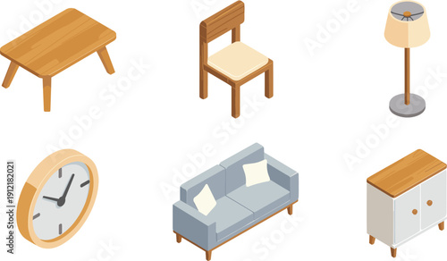 Isometric wooden furniture collection featuring a modern coffee table, chair, floor lamp, wall clock, grey sofa, and white storage cabinet