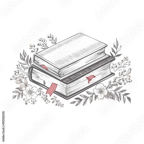 Stack of books with flowers and bookmarks illustration.