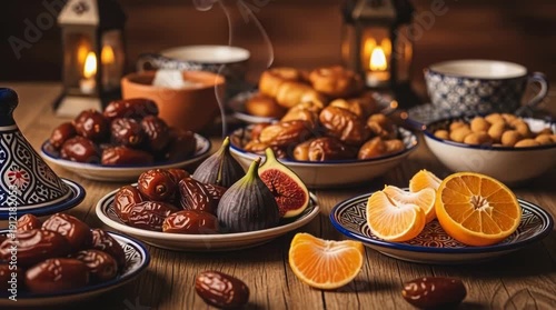 Warm and inviting still life of a Middle Eastern dessert spread with dates figs oranges nuts and tea on a rustic wooden table lit by lanterns