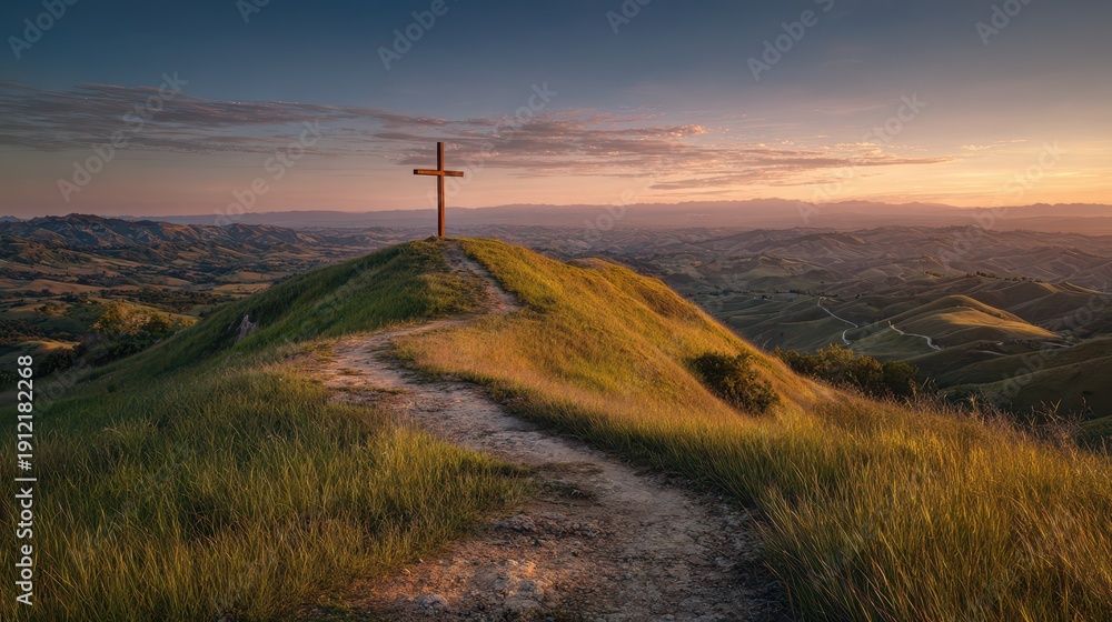 Fototapeta premium Silhouette of a hilltop cross against a pastel sky, sacred reflection during Holy Week