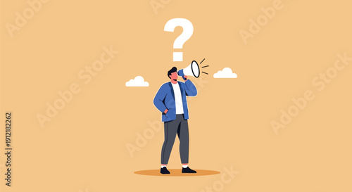 Man shouting through megaphone with question mark