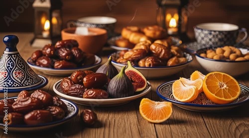 Warm and inviting still life showcasing a traditional Moroccan feast with dates figs oranges nuts and pastries illuminated by soft candlelight on a rustic wooden table