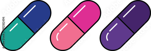 Three colorful capsules with black outlines on a white background pill medicine health