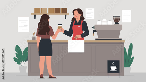 Vector illustration of friendly female barista serving takeaway coffee to customer at counter in modern cafe shop interior design element