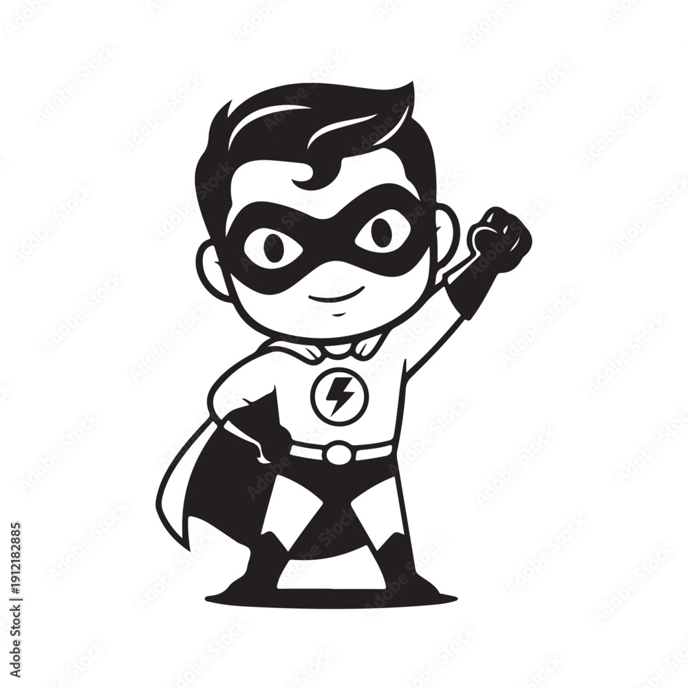 Fototapeta premium Smiling Cartoon Superhero Boy with Raised Fist and Lightning Emblem