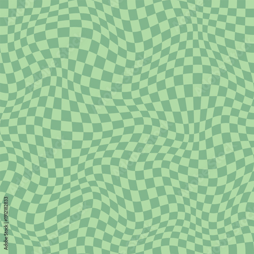 Seamless checkered pattern in shades of green. Curved wavy design, distorted psychedelic texture. Festive retro St. Patrick's Day print for backgrounds, textiles, packaging, wrapping paper.