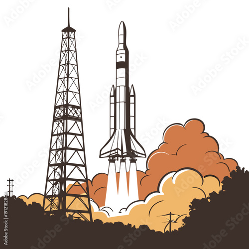 Rocket launching from a tower with smoke and flames