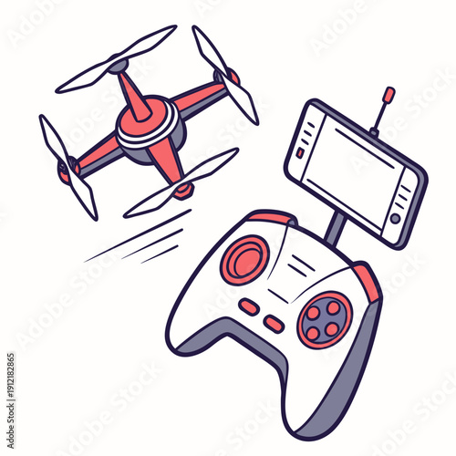 Red drone with remote control white gray