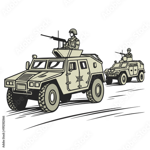 Military vehicles with soldiers and machine guns armored vehicles