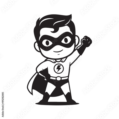 Smiling Cartoon Superhero Boy with Raised Fist and Lightning Emblem