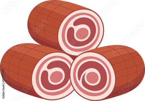 Vector illustration, three raw rolled pork belly, fresh meat cuts tied with twine, isolated on white background, food design element
