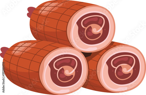 Vector illustration, three stacked raw rolled ham roasts with bone, fresh meat tied with twine, isolated on white background, food