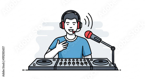 Dj in headphones gesturing confidently at a sound mixer with a microphone conveying a live music performance