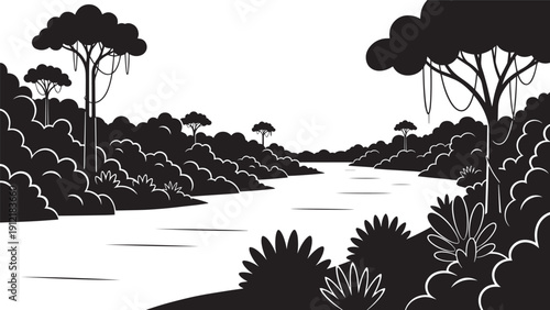 Silhouetted river landscape with dense bushes and trees along a calm waterway in monochrome tones.