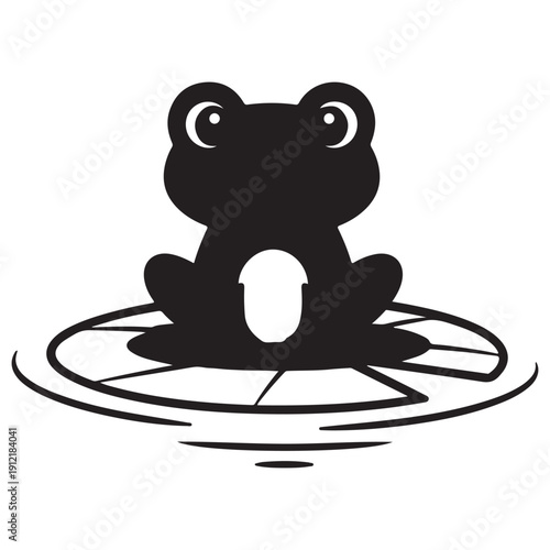 Black and White Cute Frog Silhouette on a Lily Pad with Water Ripples