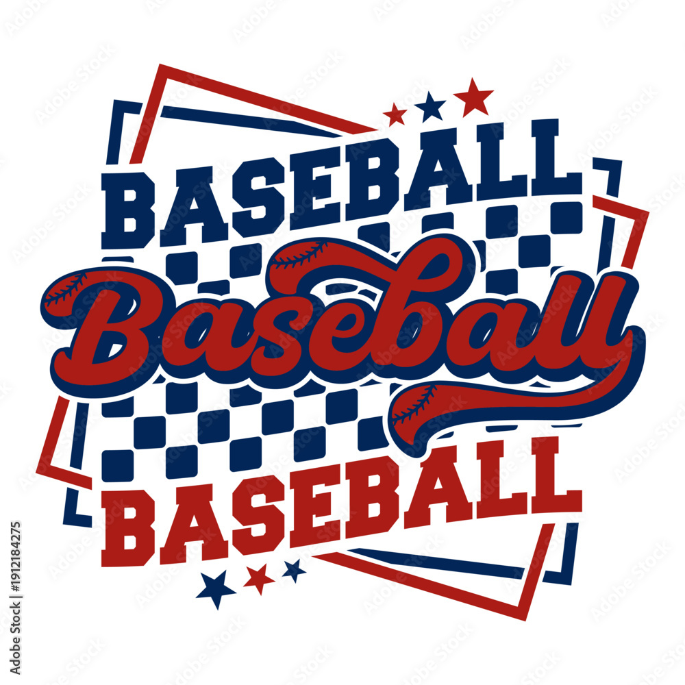Fototapeta premium Urban baseball script and block typography with checkered pattern and stars.