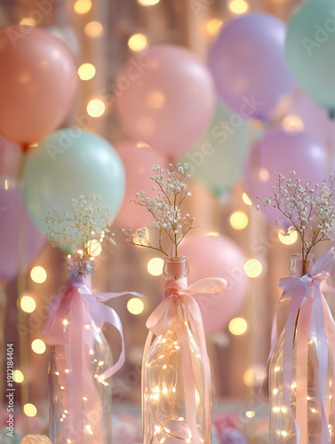Pastel-themed party decor with soft pink, lavender, mint, and peach balloons floating in the background. Glass bottles used as vases, each filled with fairy lights and decorated with satin ribbons.