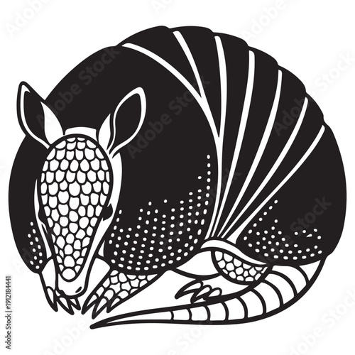 Stylized Black and White Armadillo Illustration Curled Up