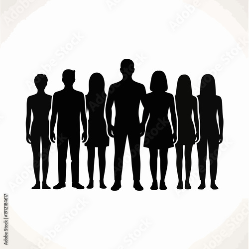 A group of people standing together in black silhouettes on a white background