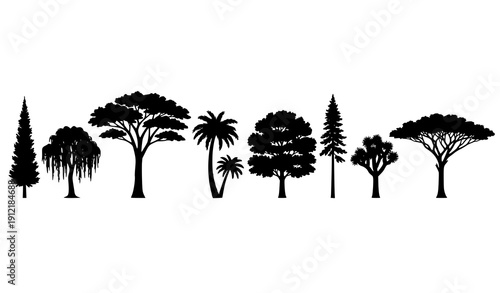 Tree silhouette vector set with diverse forest tropical and deciduous trees isolated on white background