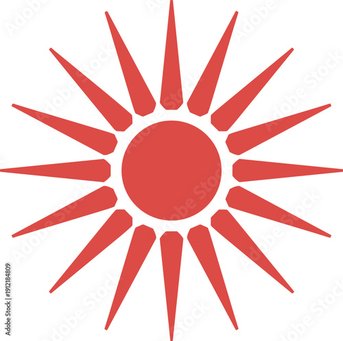 Minimalist red sun vector illustration with sharp rays and circular center isolated on white background for summer design projects