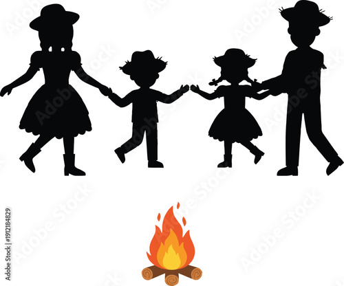 Silhouette of a happy family dancing together around the burning campfire wearing traditional hats for cultural brazilian festa junina holiday celebration events.