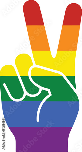 Colorful rainbow pride flag hand gesture showing a peace sign for lgbtq community support love equality diversity and freedom during celebrations and parade events.