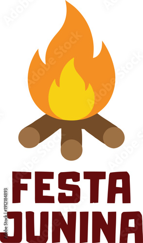 Traditional Brazilian cultural festival Festa Junina celebration typography with a bright orange burning campfire and wooden logs for warm seasonal holiday events.
