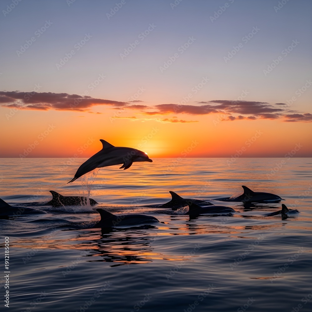 Fototapeta premium Dolphins leaping gracefully at sunset over the ocean waves