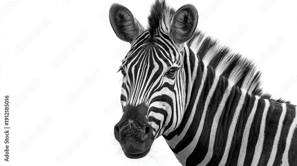 Naklejka premium Isolated zebra portrait in stark black and white against a white background
