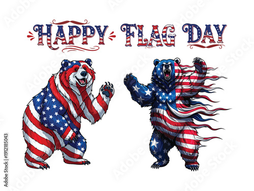 Patriotic bears celebrate Happy Flag Day with American flag designs.