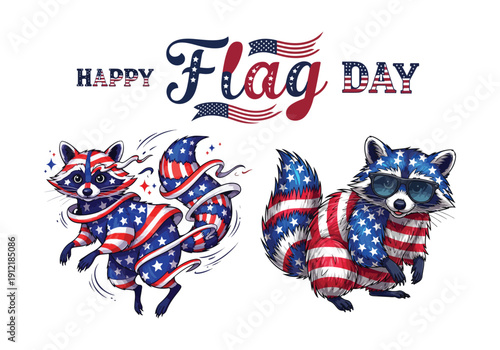 Patriotic raccoons celebrate Flag Day with American flag designs.