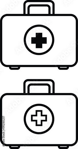 Two black outline medical first aid kits with crosses on white background medical kit