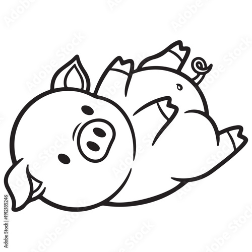 Cute Cartoon Pig Lying on Back Line Art