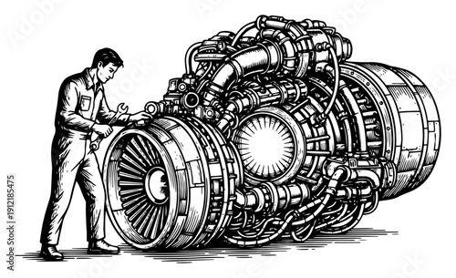 Detailed vintage style technical sketch of a mechanic repairing a complex jet engine turbine or futuristic machine