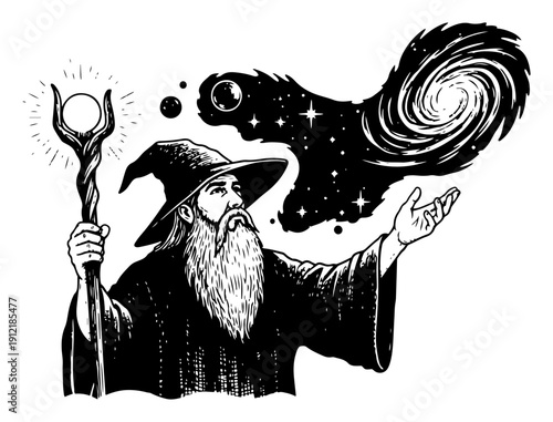 Black and white woodcut illustration of a powerful wizard conjuring a swirling galaxy and stars with his hand and magic staff