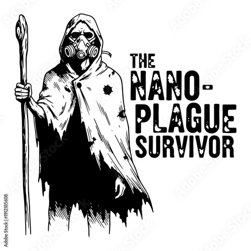 The nano-plague survivor character wearing a gas mask and ragged cloak in gritty hand drawn engraving style