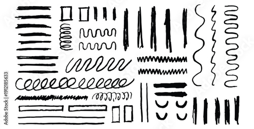 Collection of diverse hand drawn black ink brush strokes and scribbles featuring straight lines wavy lines spirals and various abstract doodle elements for design