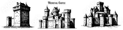 Set of medieval castle designs and stone fortress towers in classic black and white architectural sketch style