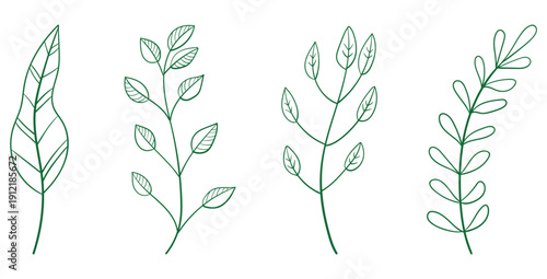 Collection of four delicate hand drawn botanical illustrations featuring simple green line art sprigs and individual leaves isolated on a clean white background for design use
