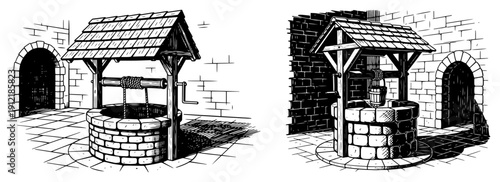 Hand drawn woodcut style illustration of an ancient stone wishing well in a castle courtyard