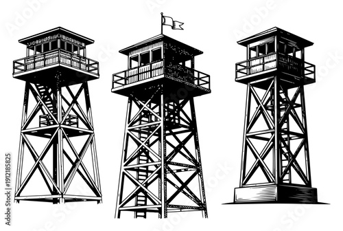 Set of three vintage style wooden watchtowers or lookout towers for security and observation