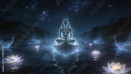 Osiris silhouette on ghostly boat with glowing lotus flowers on star-filled river underworld