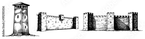 Detailed woodcut illustration of a medieval stone watchtower and sections of fortified castle walls