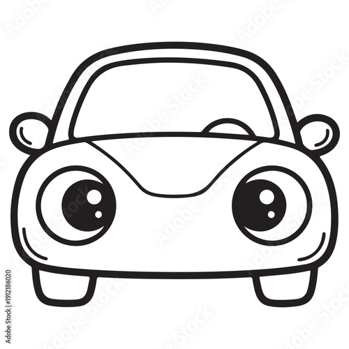 Cute Cartoon Car Front View Outline Drawing on White Background