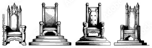 Collection of ornate medieval thrones and royal chairs in woodcut style