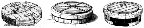 Set of medieval stone wells with wooden lids in vintage engraving style