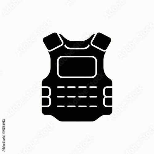 A simple black and white icon of a bulletproof vest. The vest is depicted in a minimalist style with sharp lines and clear details.
