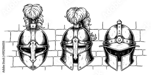 Set of medieval knight helmets with plumes in vintage engraving style