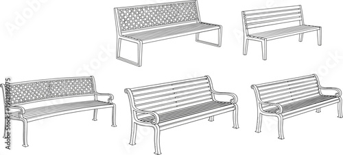 Park bench line art vector set isolated outdoor seating furniture illustration collection for urban landscaping architecture public space design projects